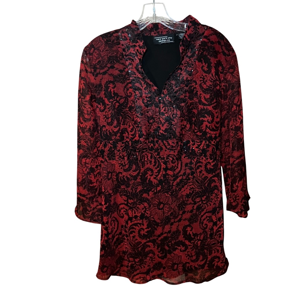New York City Design Co Tunic Womens Medium Red Black Paisley Sequin V-Neck